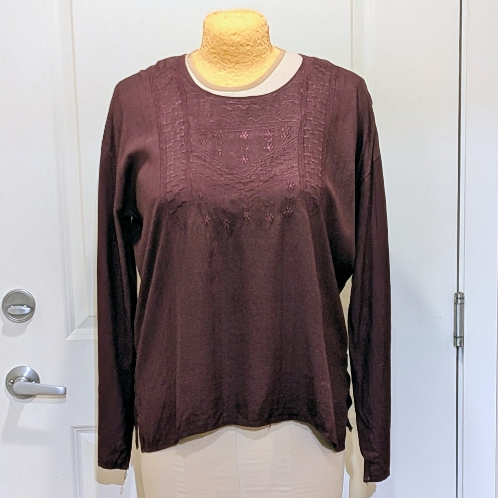 3/$30 NWOT Beckwoman XL Oxblood Embroidered Button Collar Boho Tunic Blouse
